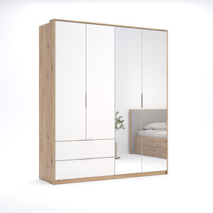 Šatní skříň Raymond 2 zásuvky a zrcadla 182 cm lesklá bílá/dub Artisan